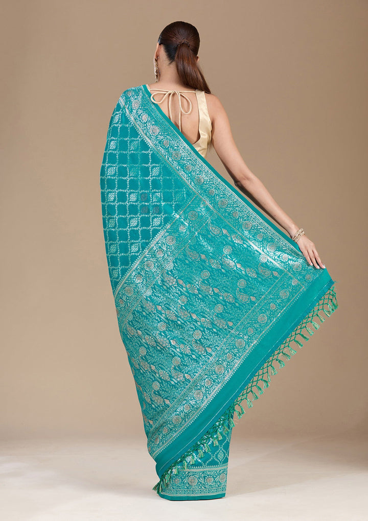 Peacock Green Stonework (Gold) Silk Saree-koskii