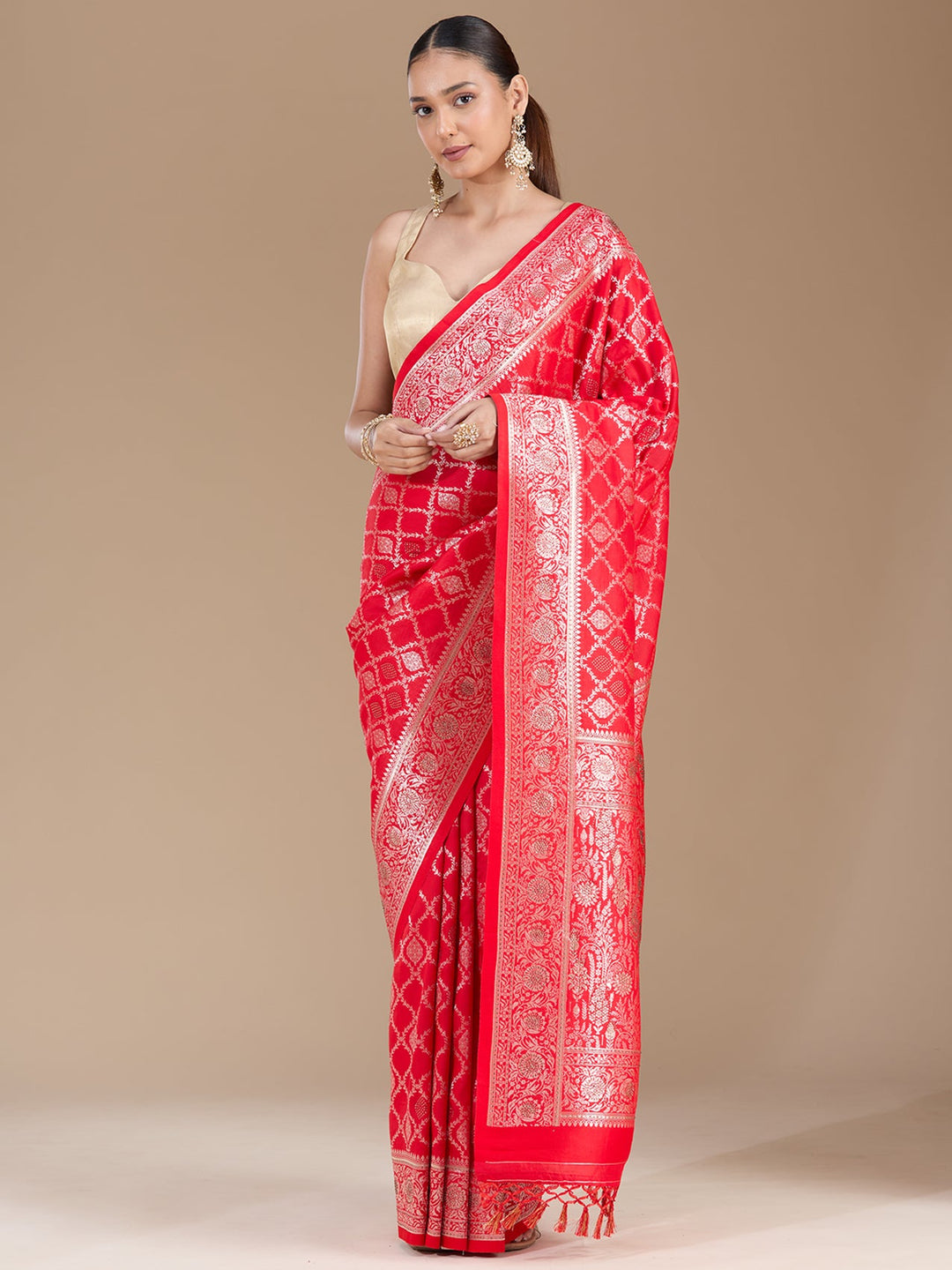 Red Stonework (Gold) Silk Saree-koskii