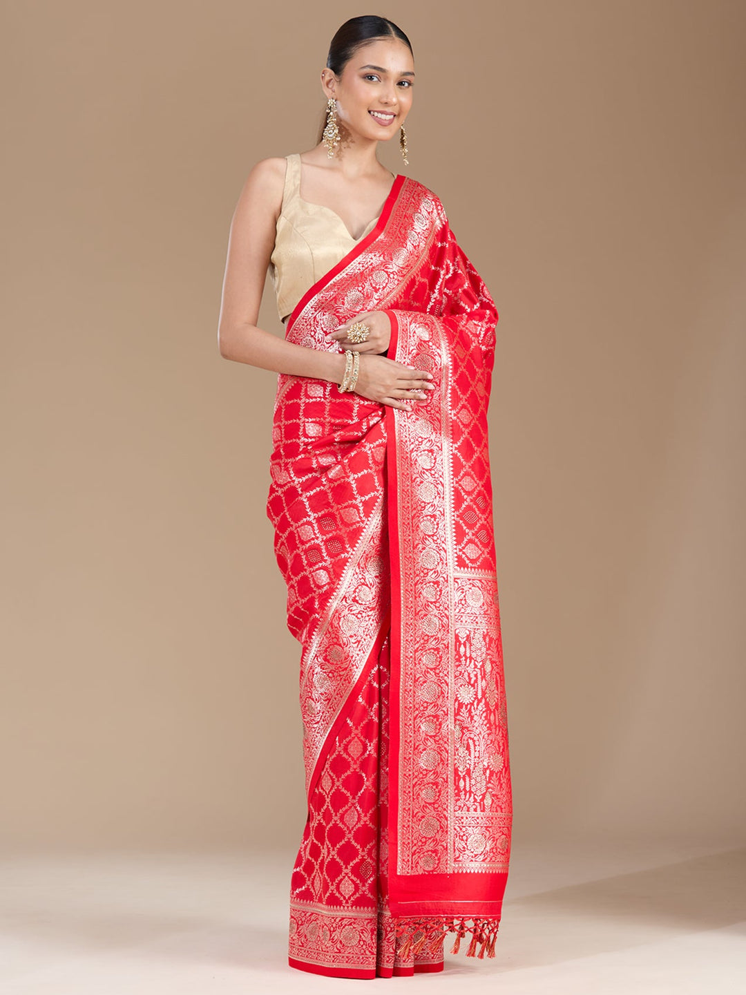 Red Stonework (Gold) Silk Saree-koskii