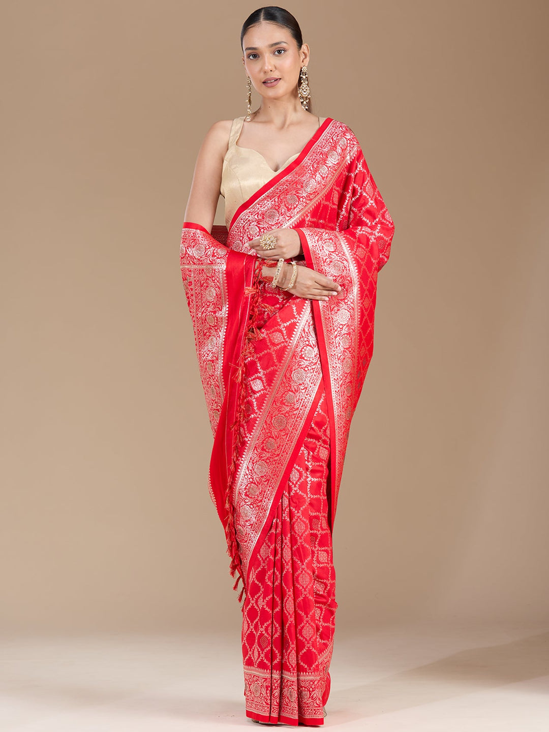 Red Stonework (Gold) Silk Saree-koskii
