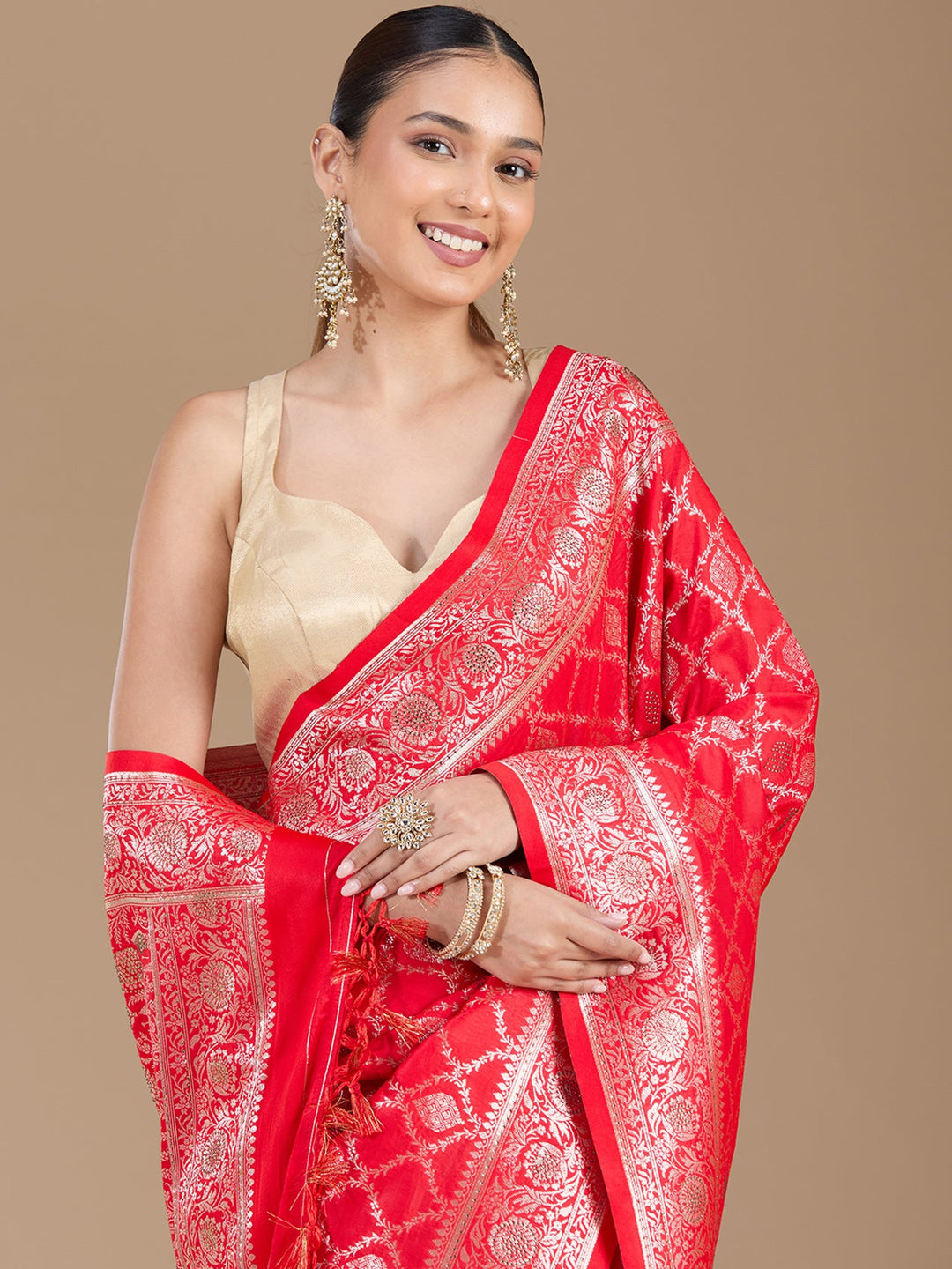 Red Stonework (Gold) Silk Saree-koskii