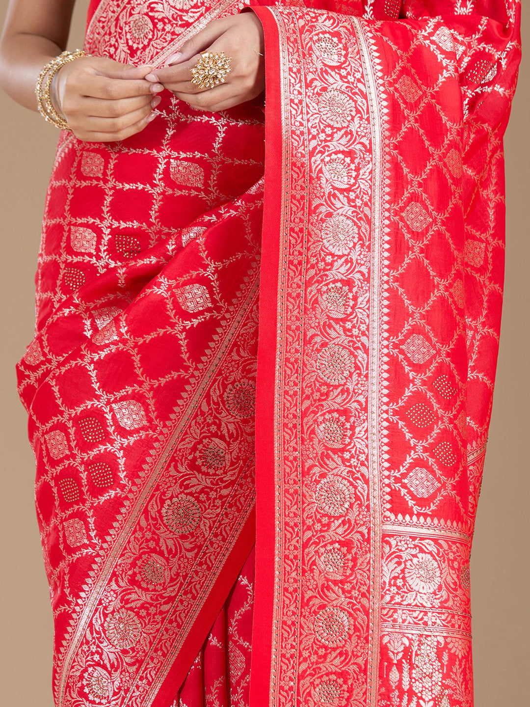 Red Stonework (Gold) Silk Saree-koskii