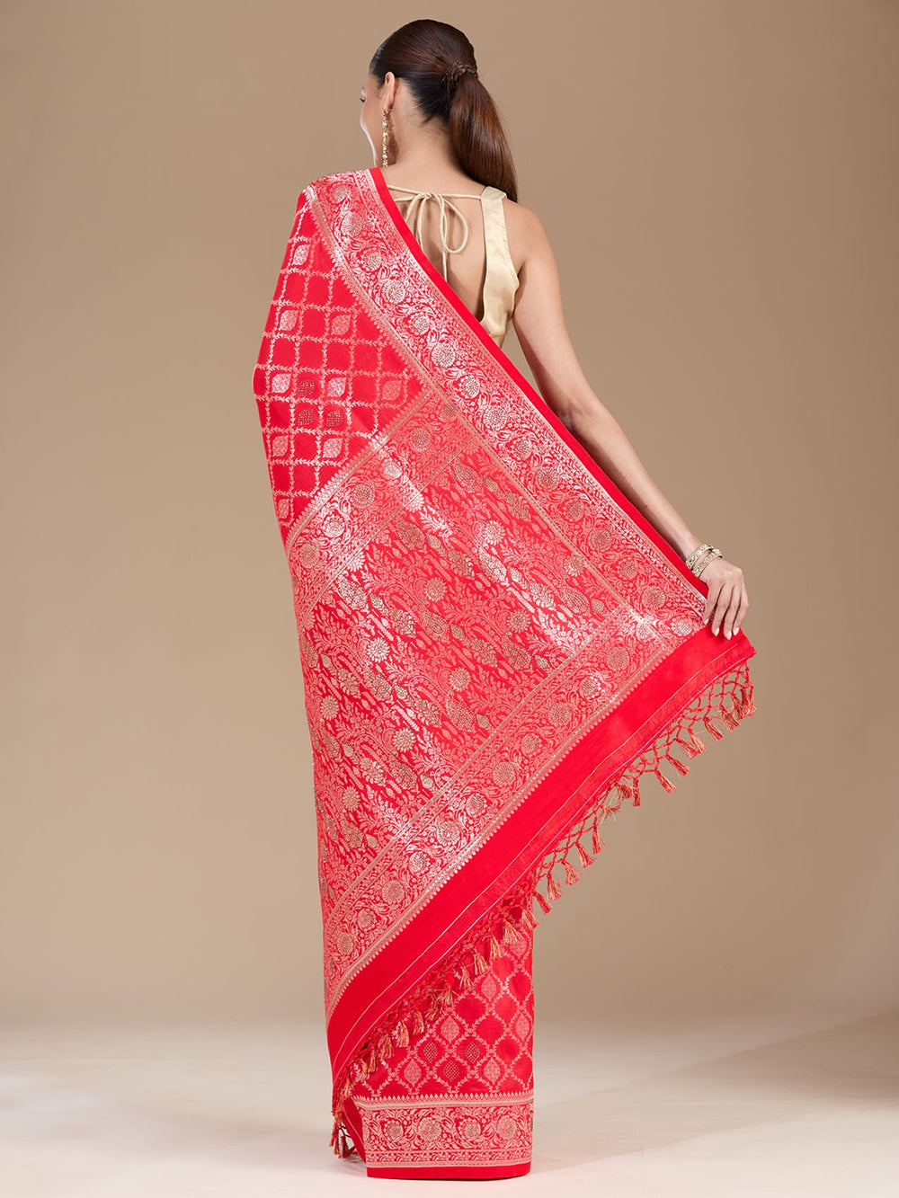 Red Stonework (Gold) Silk Saree-koskii