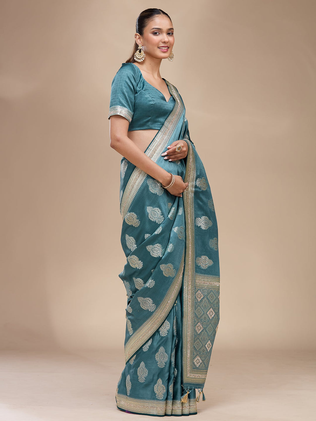 Blue Stonework (Gold) Silk Silk_Saree