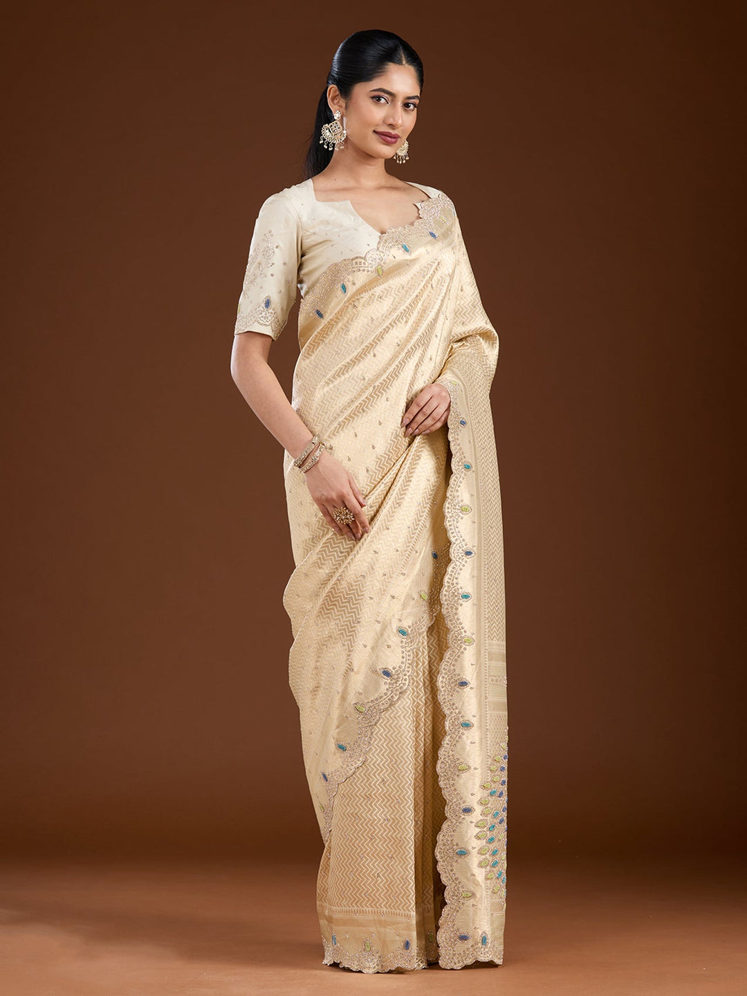 Gold Stonework (Gold) Silk Saree-Koskii