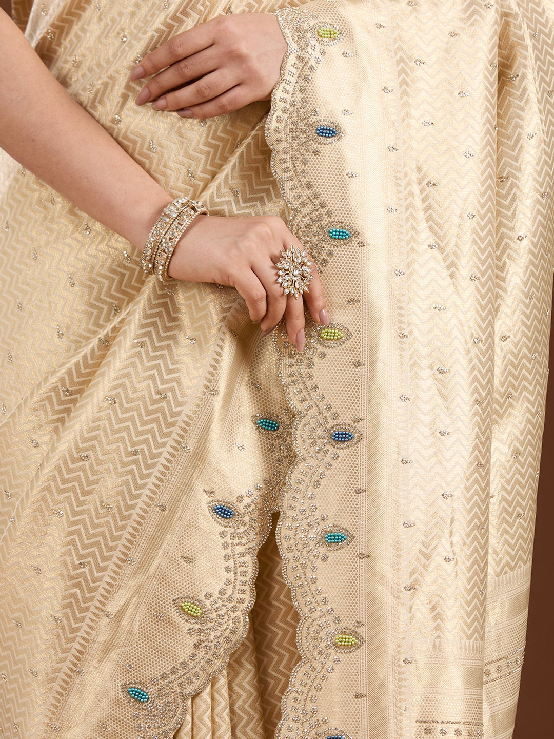 Gold Stonework (Gold) Silk Saree-Koskii