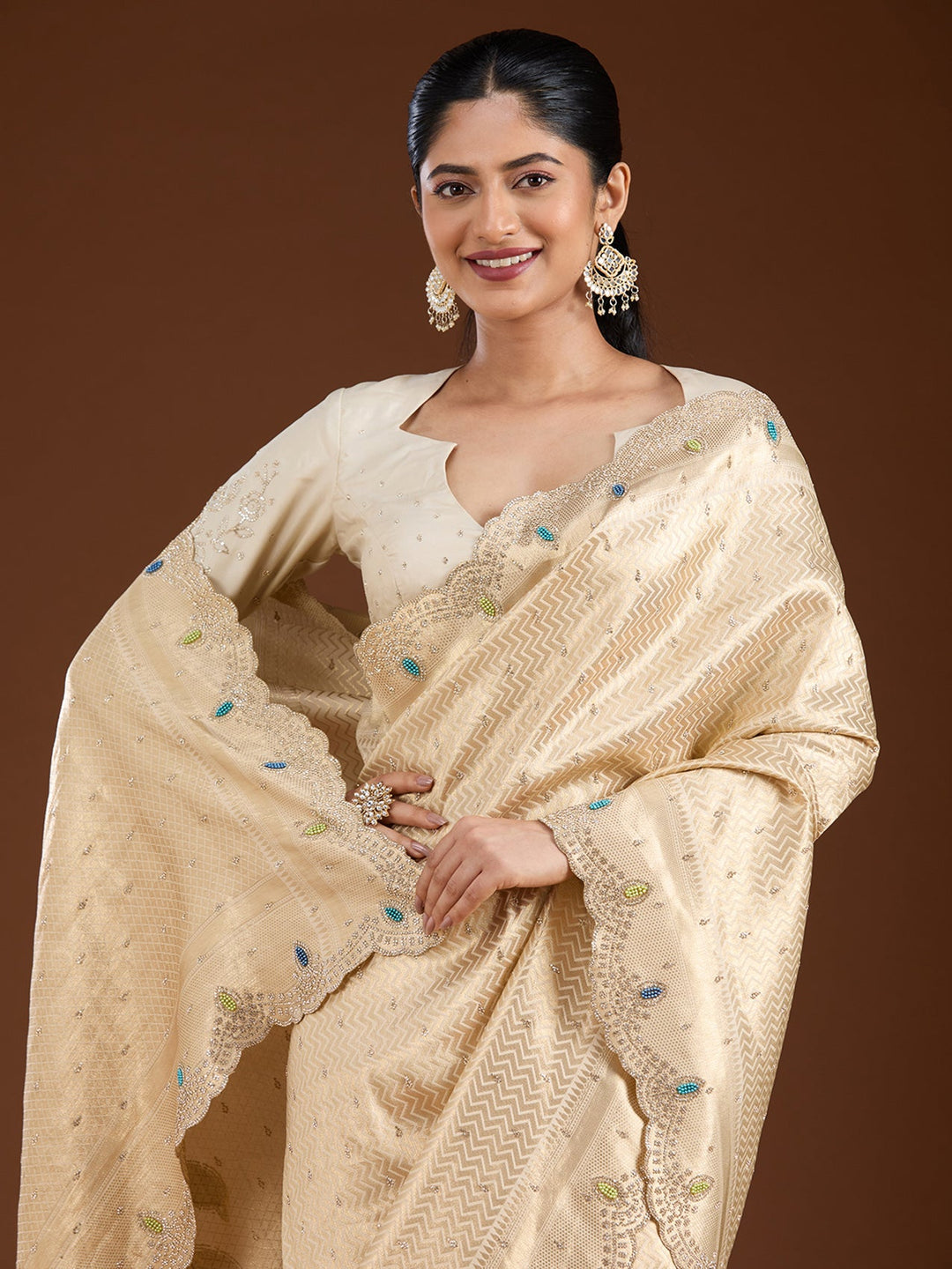 Gold Stonework (Gold) Silk Saree-Koskii