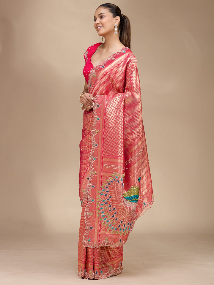 Rani Pink Stonework (Gold) Silk Silk_Saree