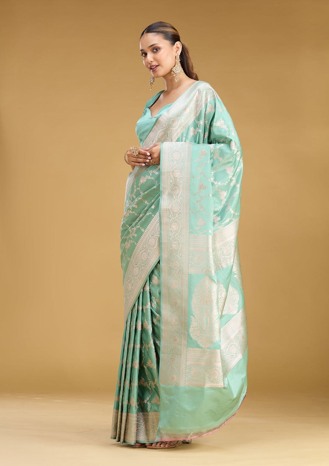 Sea Green Zariwork (Gold) Art Silk Saree