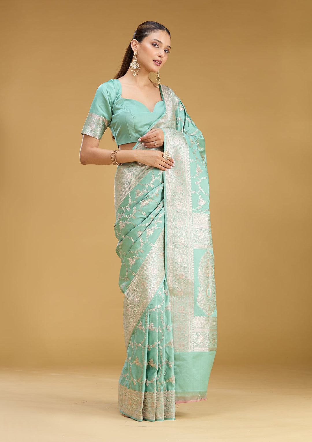 Sea Green Zariwork (Gold) Art Silk Saree