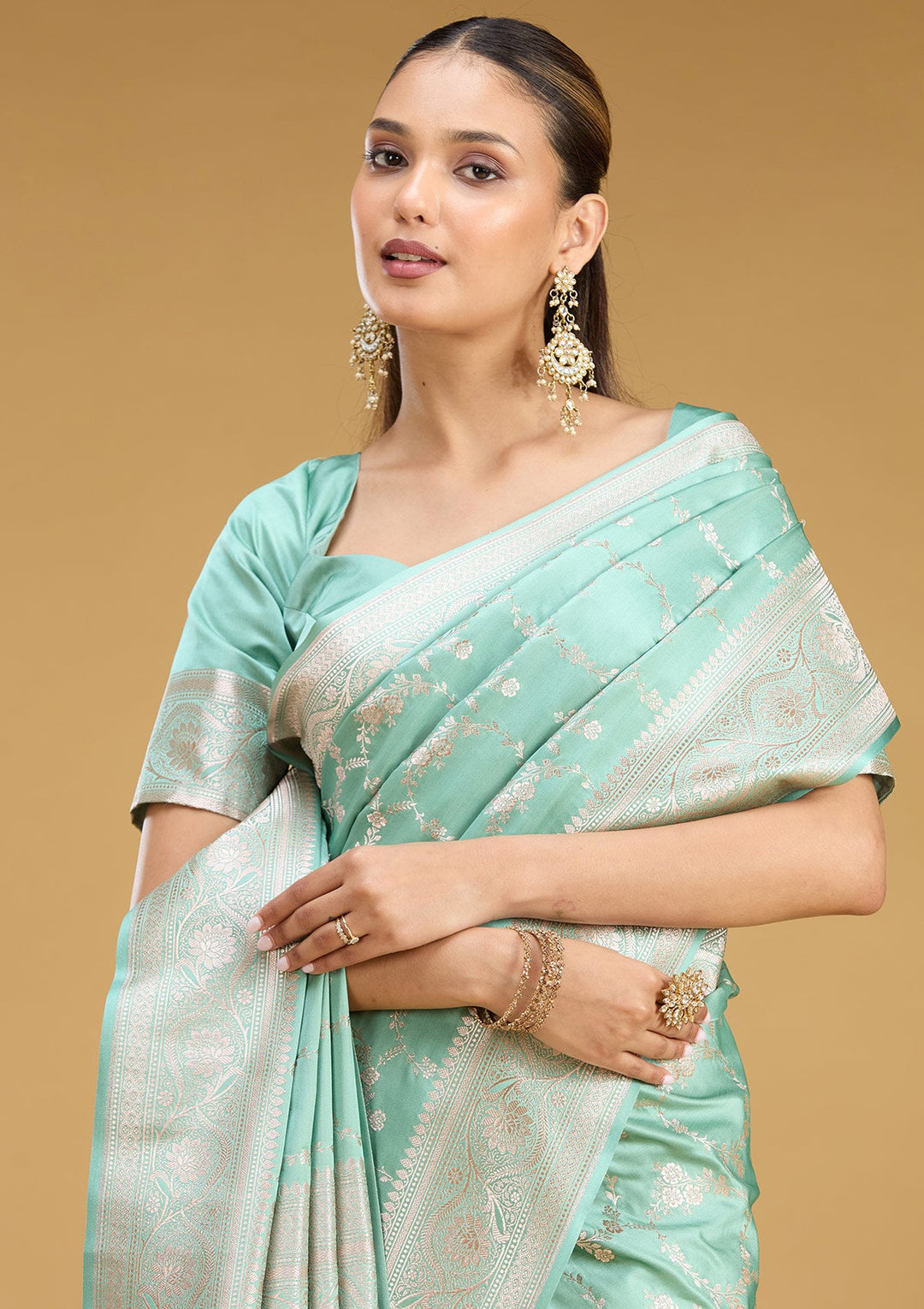 Sea Green Zariwork (Gold) Art Silk Saree