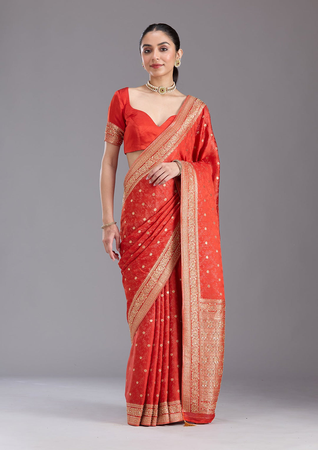 Orange Aariwork Silk Saree-koskii