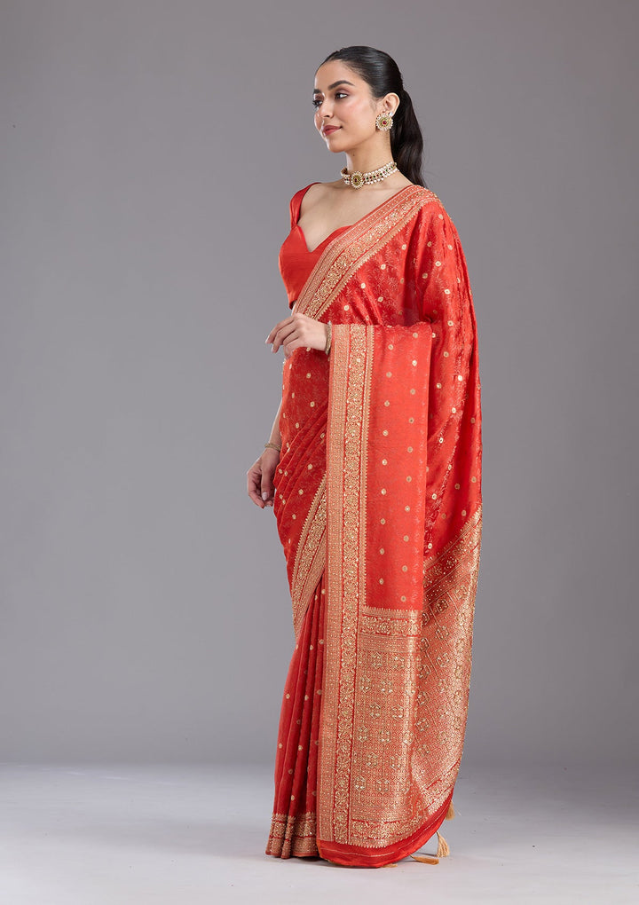 Orange Aariwork Silk Saree-koskii