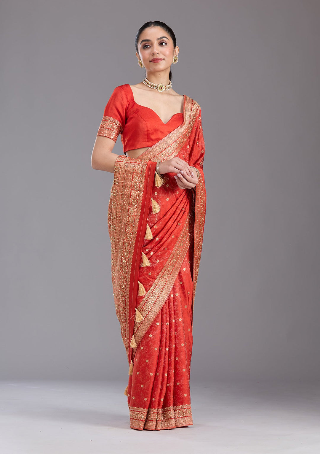 Orange Aariwork Silk Saree-koskii