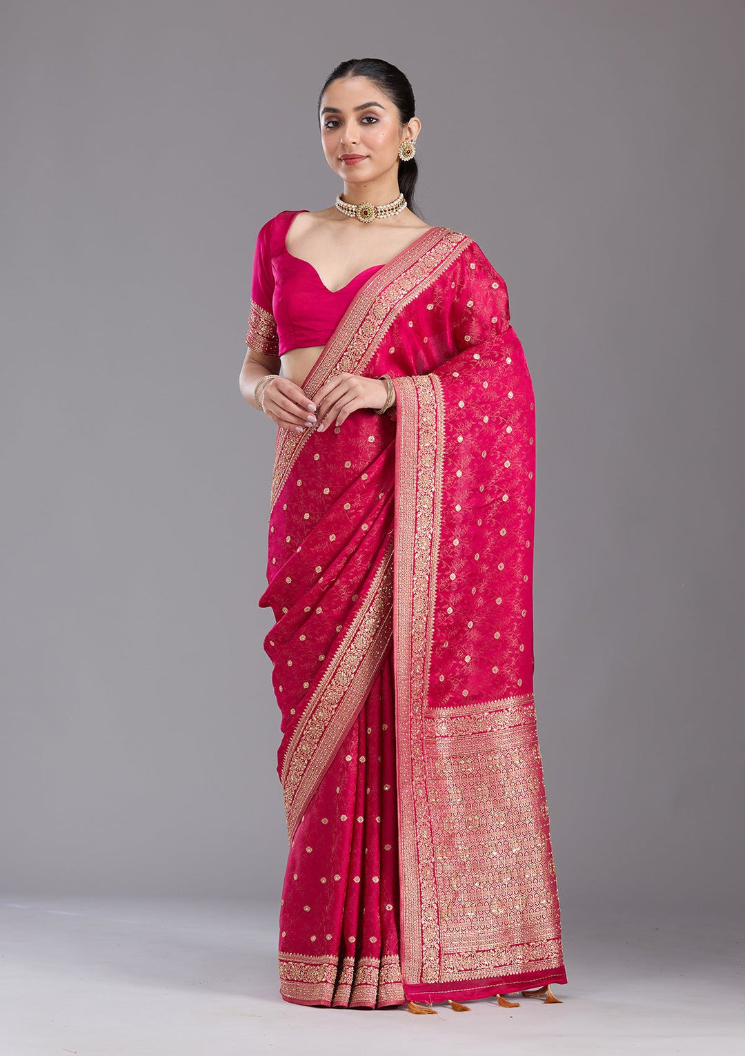 Rani Pink Aariwork Silk Saree-koskii