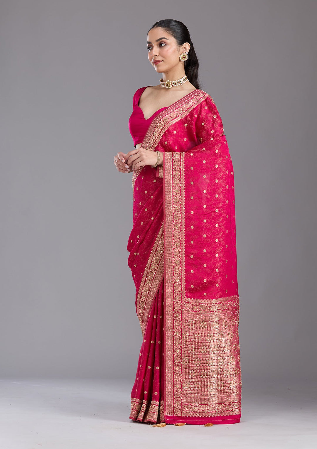 Rani Pink Aariwork Silk Saree-koskii