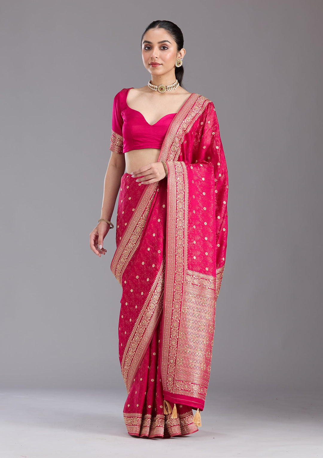 Rani Pink Aariwork Silk Saree-koskii
