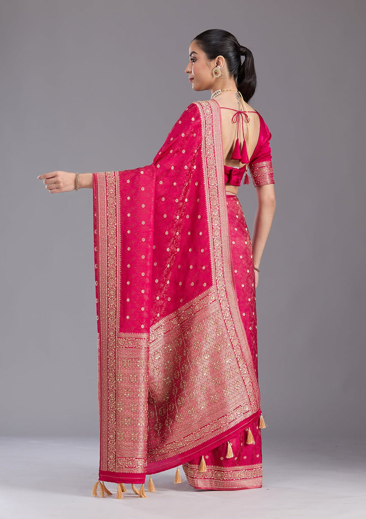 Rani Pink Aariwork Silk Saree-koskii
