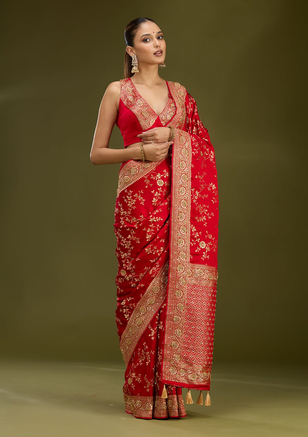 Red Cutdana Silk Saree