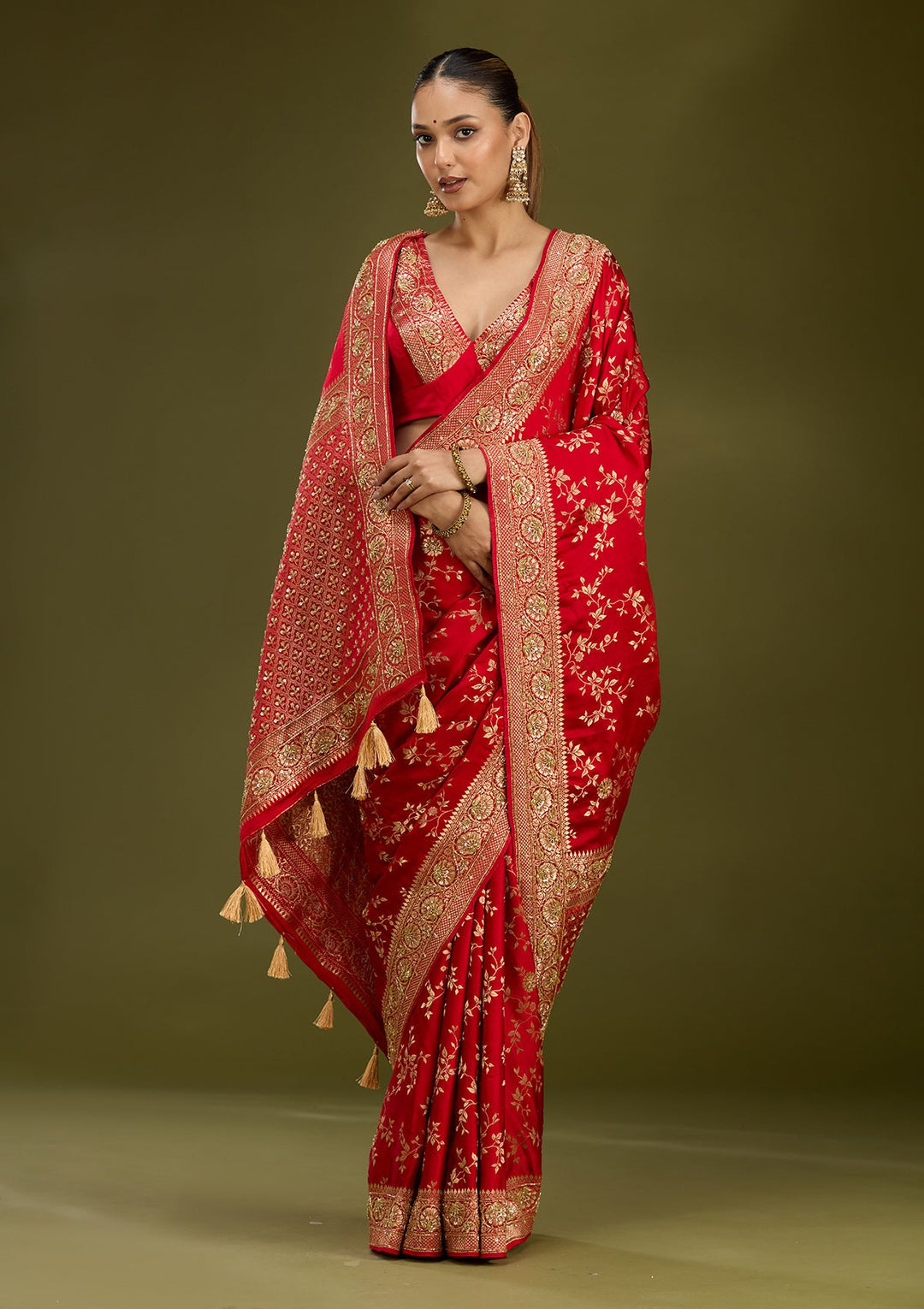 Red Cutdana Silk Saree