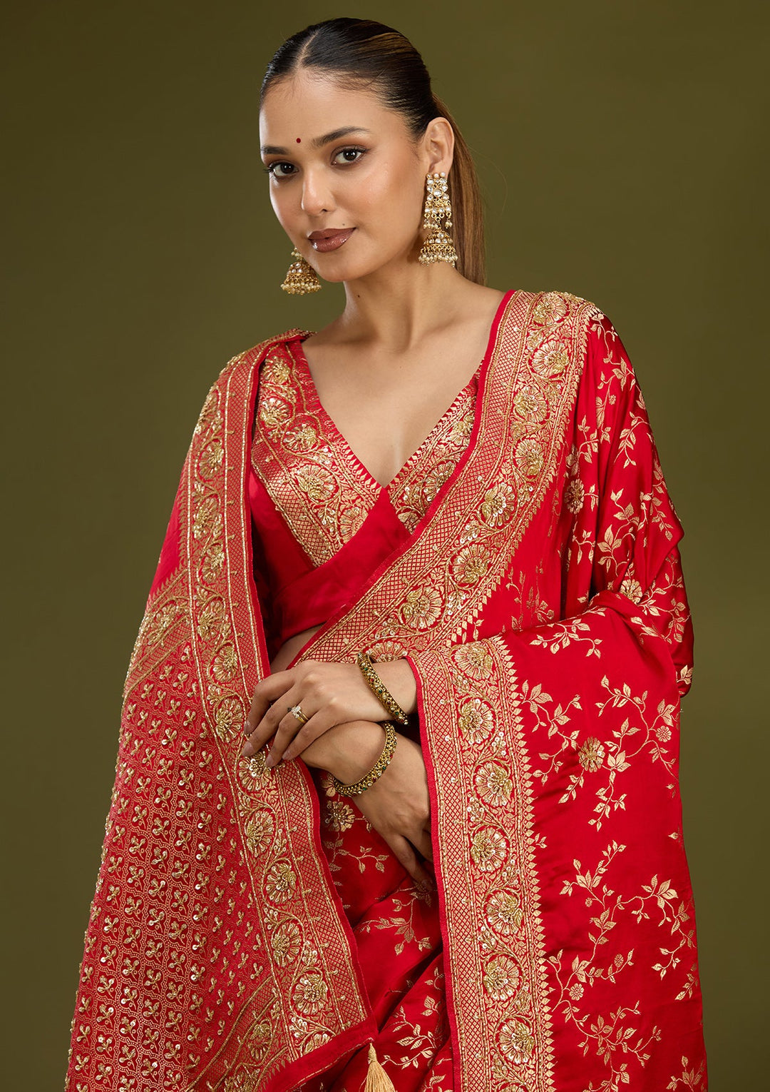 Red Cutdana Silk Saree