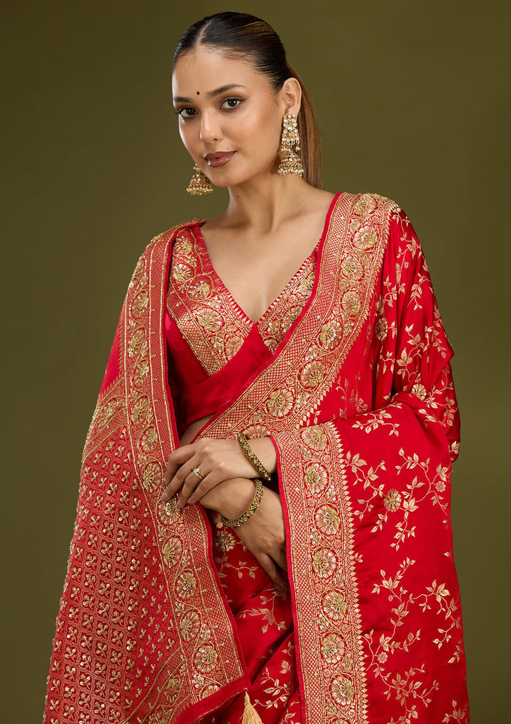 Red Cutdana Silk Saree
