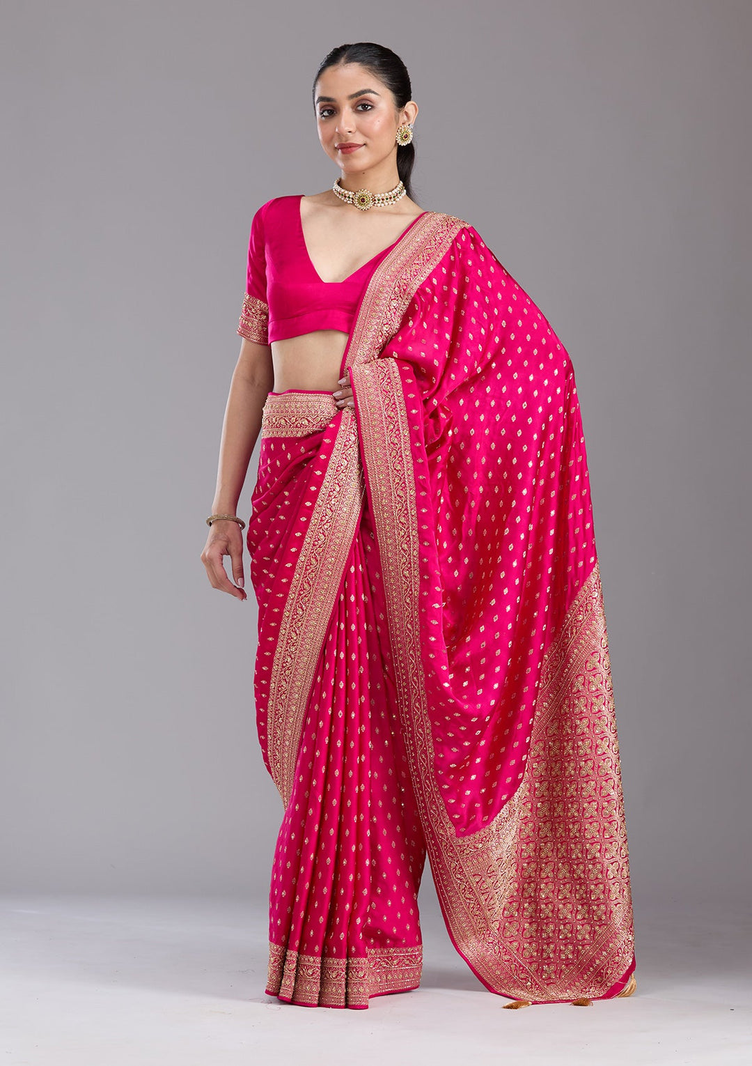 Rani Pink Aariwork Silk Saree-koskii