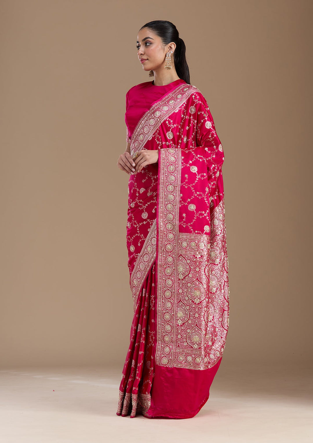 Rani Pink Zardozi (Silver) Art Silk Silk_Saree-koskii