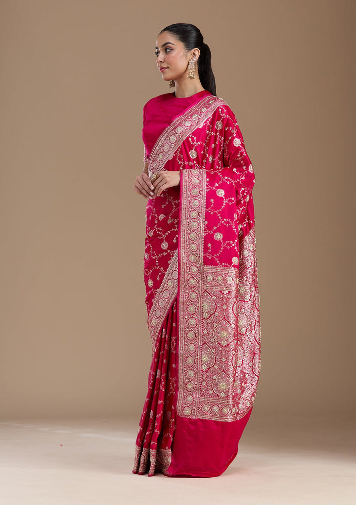 Rani Pink Zardozi (Silver) Art Silk Silk_Saree-koskii