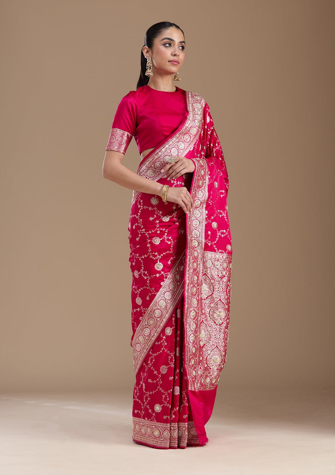 Rani Pink Zardozi (Silver) Art Silk Silk_Saree-koskii