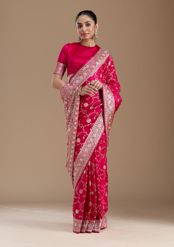 Rani Pink Zardozi (Silver) Art Silk Silk_Saree-koskii