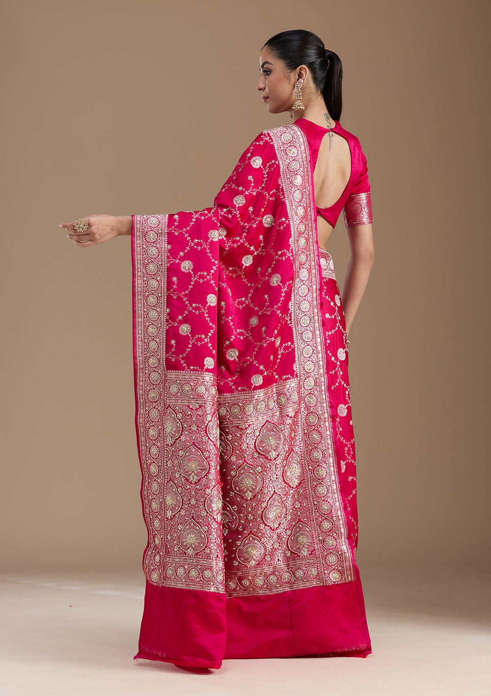 Rani Pink Zardozi (Silver) Art Silk Silk_Saree-koskii