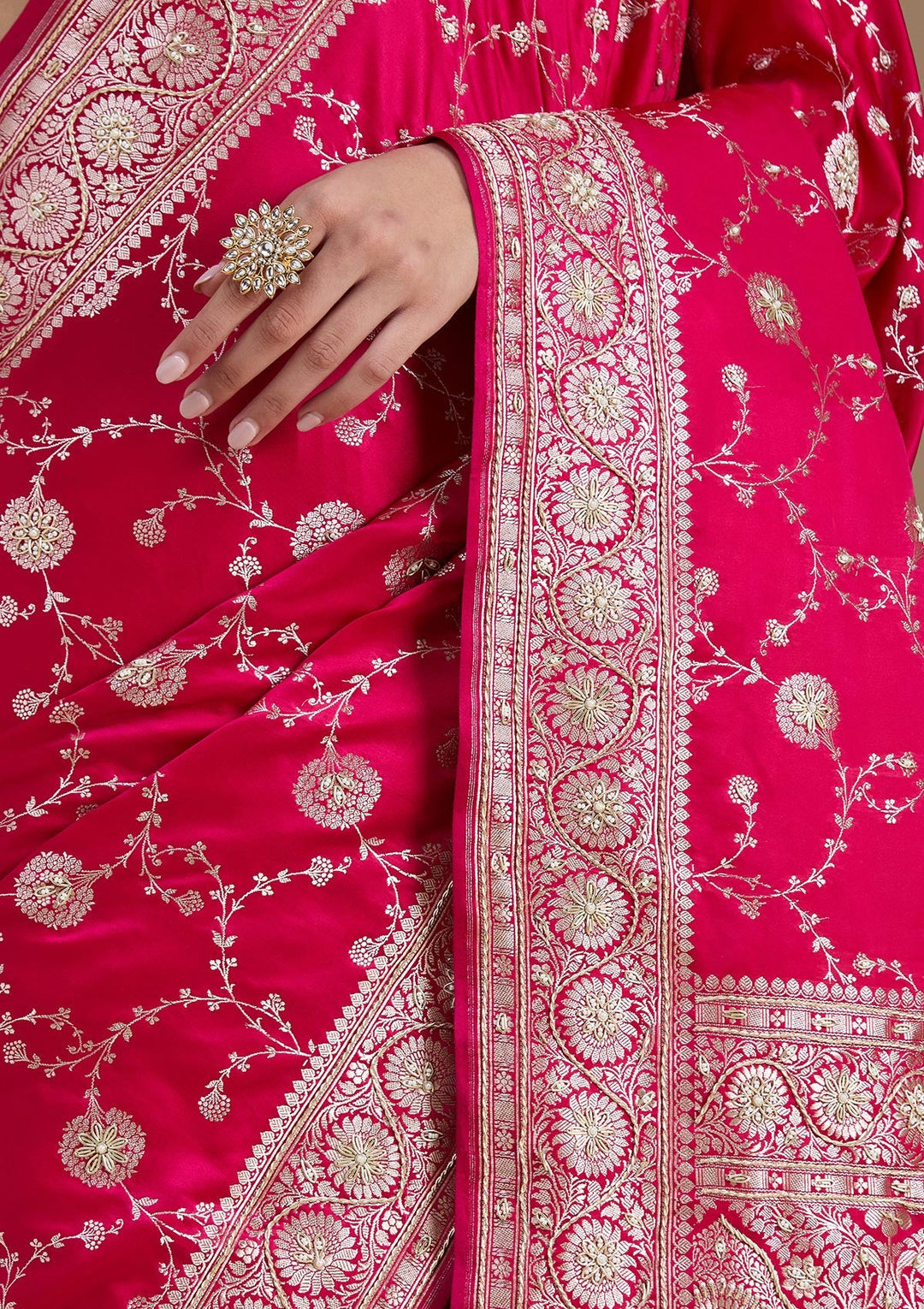 Rani Pink Zardozi (Silver) Art Silk Silk_Saree-koskii