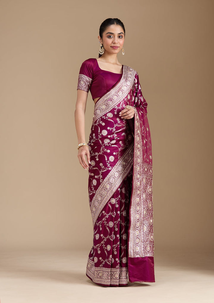Wine Zardozi (Silver) Art Silk Silk_Saree-koskii