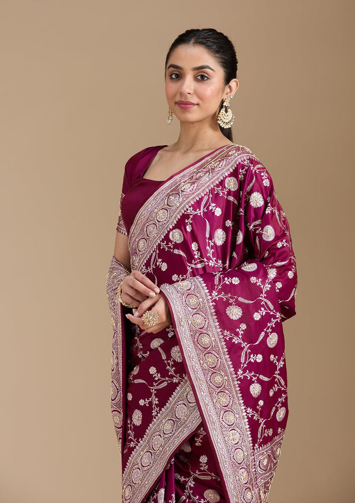 Wine Zardozi (Silver) Art Silk Silk_Saree-koskii