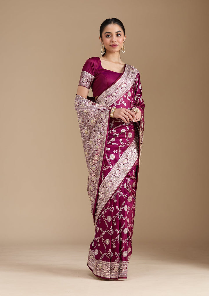 Wine Zardozi (Silver) Art Silk Silk_Saree-koskii