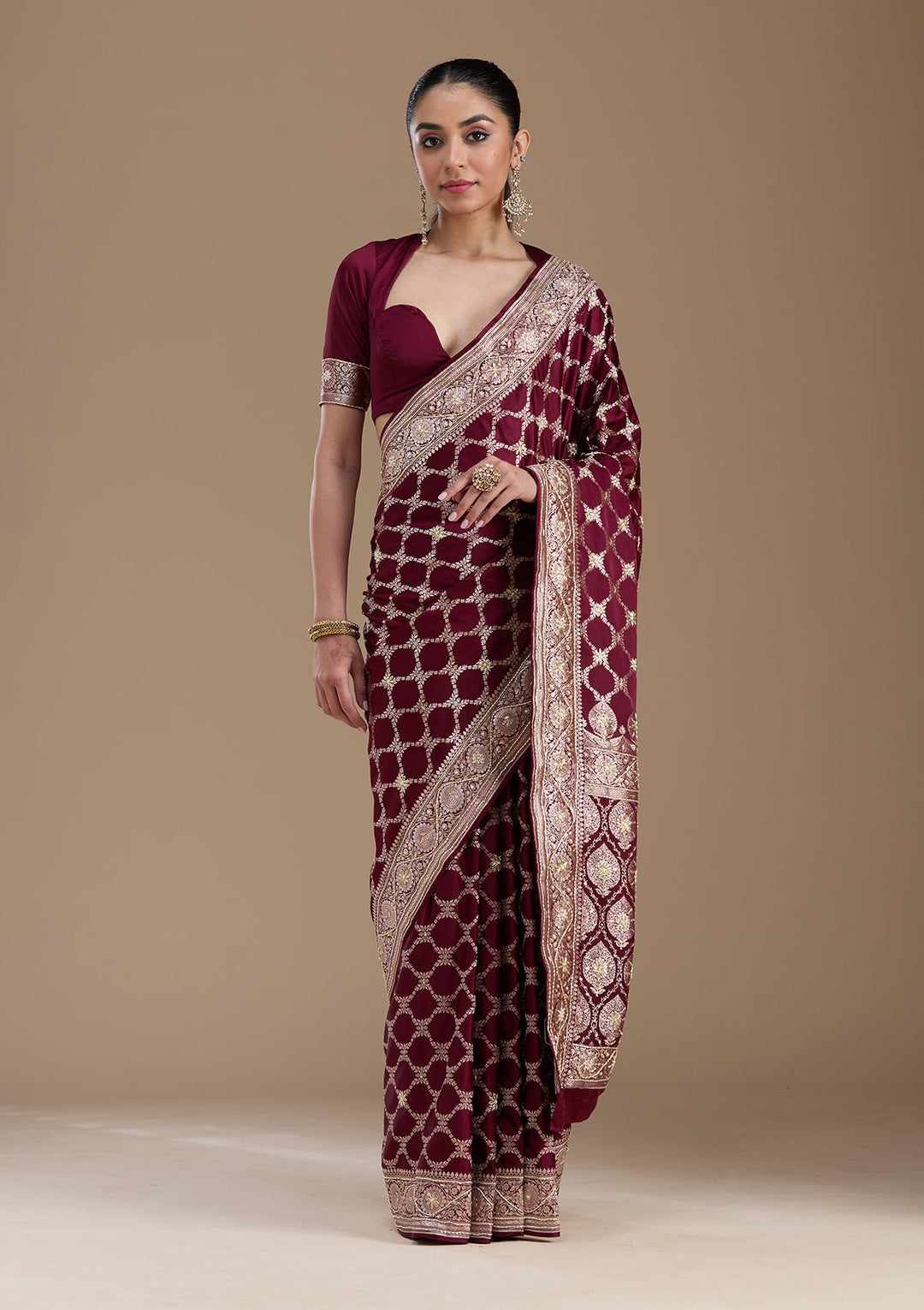 Wine Zardozi (Silver) Art Silk Silk_Saree-koskii