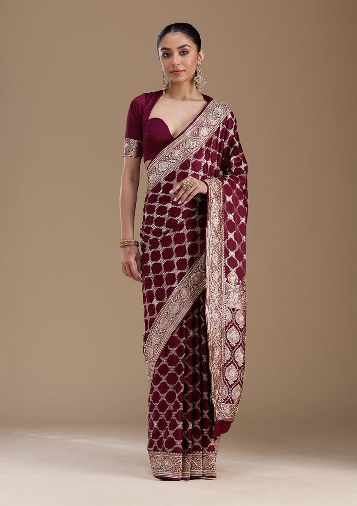 Wine Zardozi (Silver) Art Silk Silk_Saree-koskii