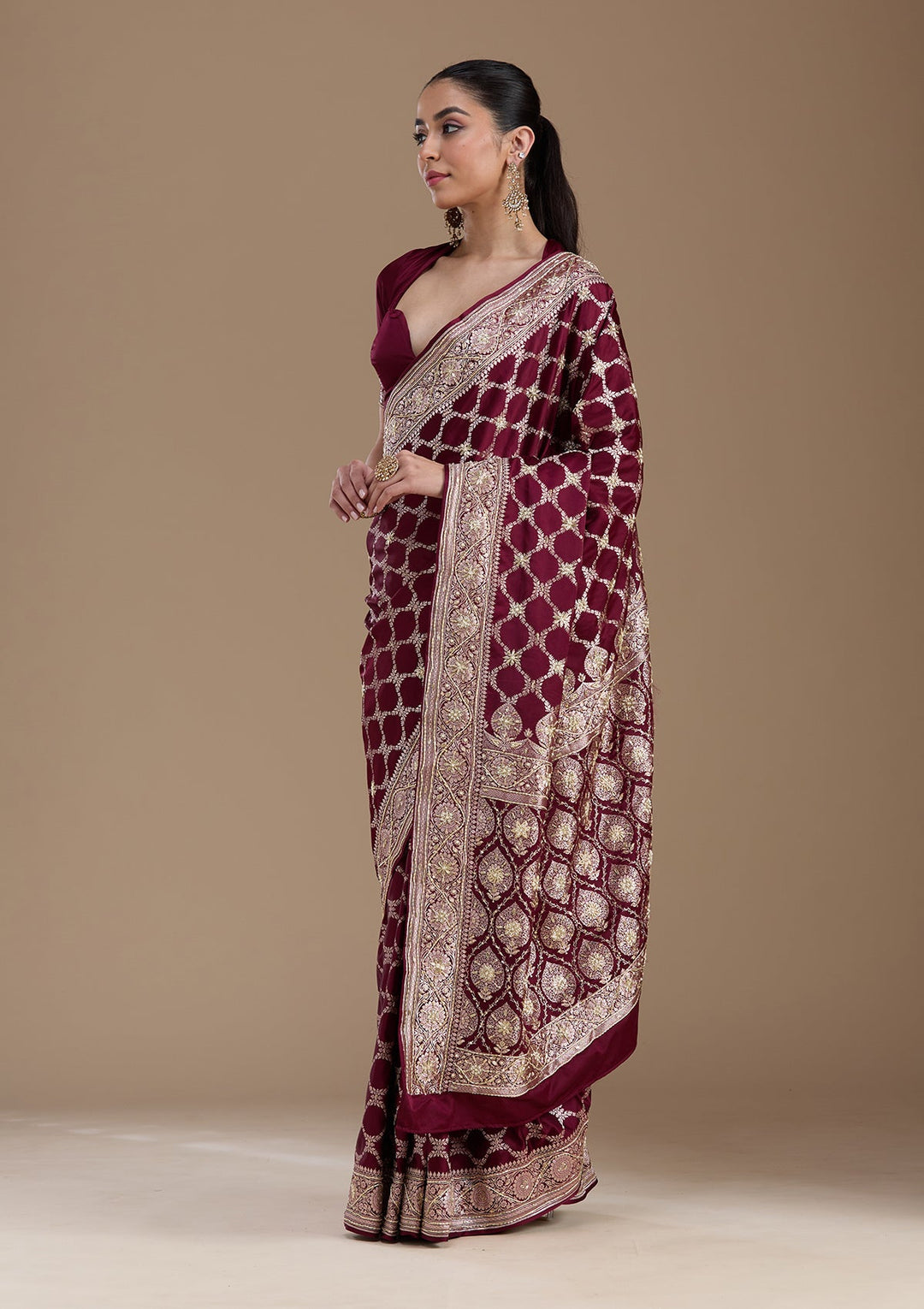 Wine Zardozi (Silver) Art Silk Silk_Saree-koskii