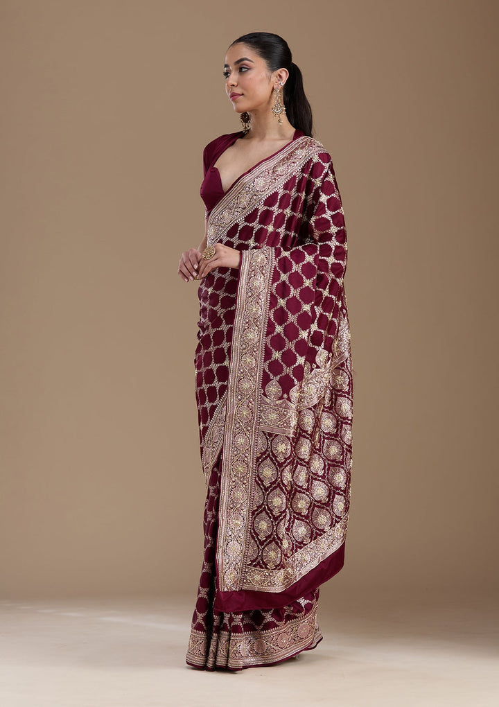 Wine Zardozi (Silver) Art Silk Silk_Saree-koskii