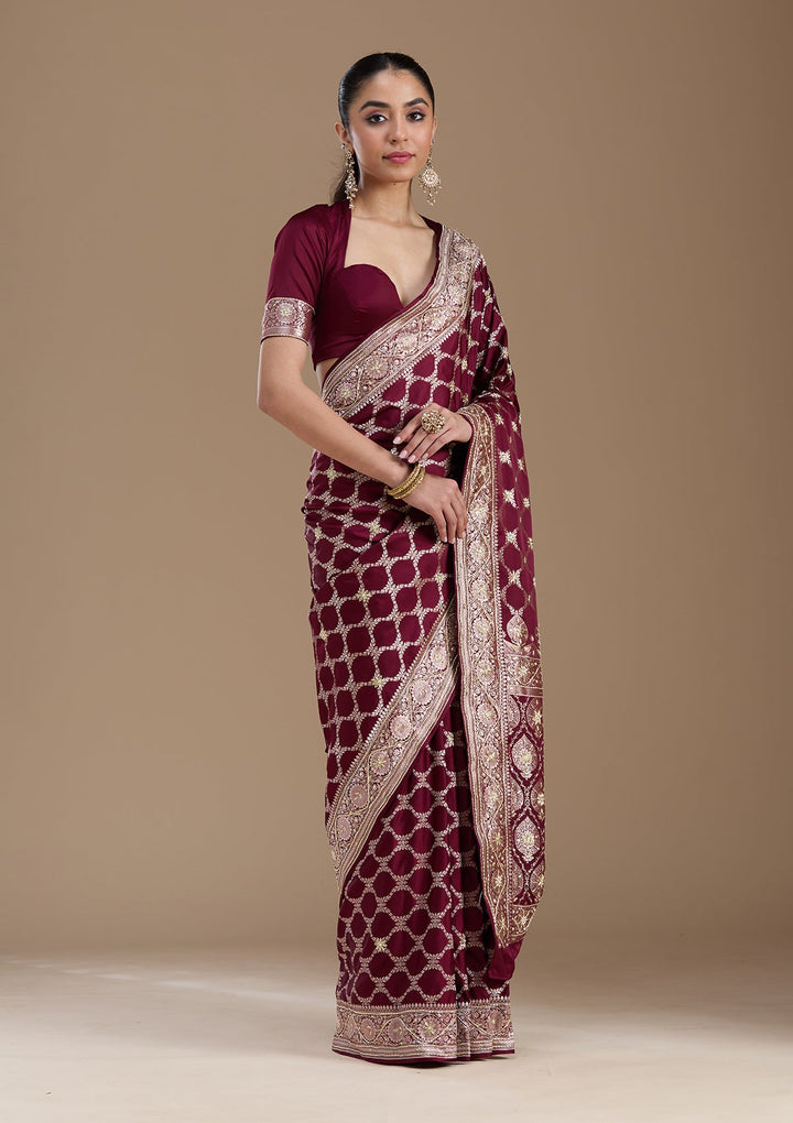 Wine Zardozi (Silver) Art Silk Silk_Saree-koskii