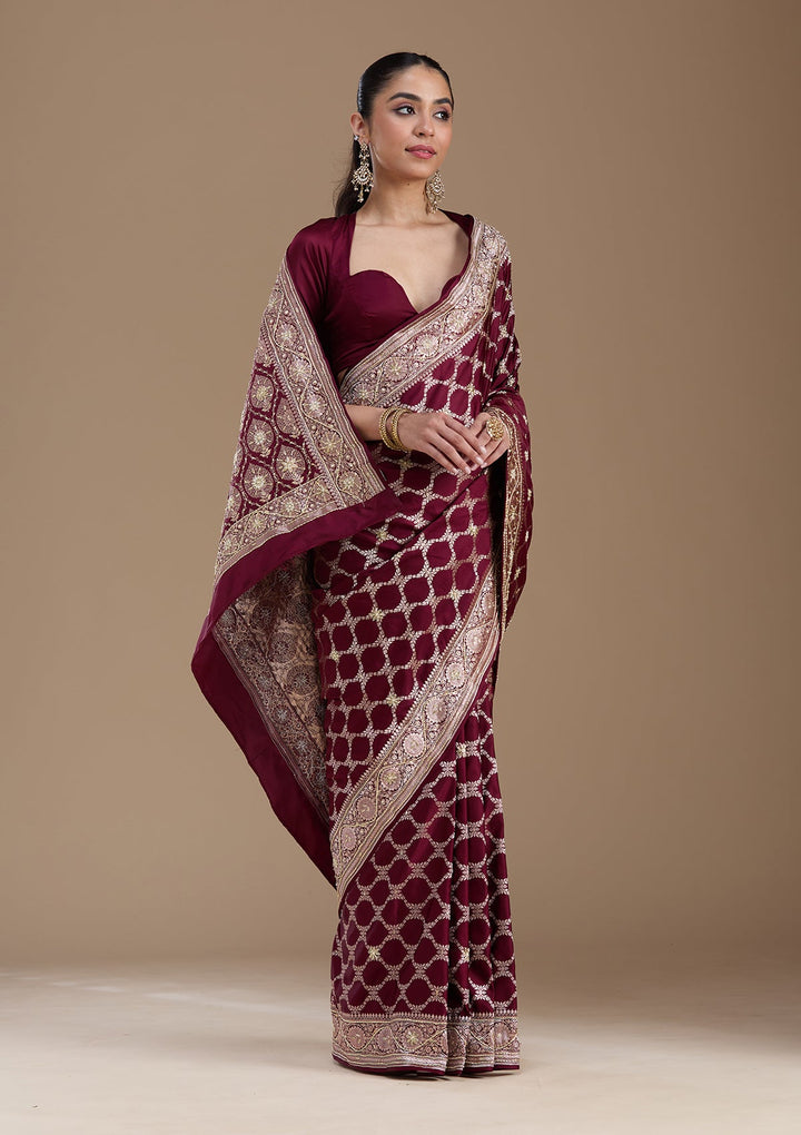Wine Zardozi (Silver) Art Silk Silk_Saree-koskii