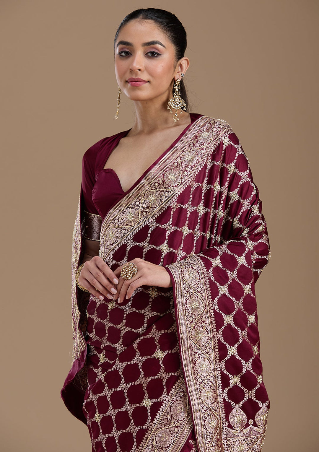 Wine Zardozi (Silver) Art Silk Silk_Saree-koskii