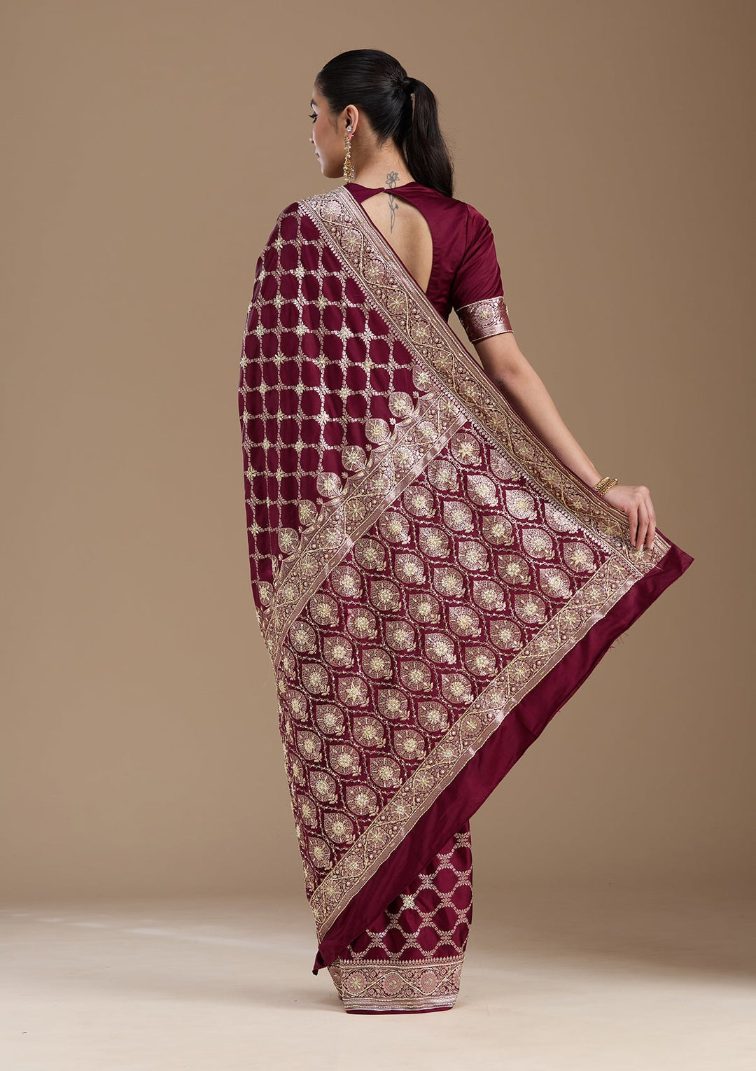 Wine Zardozi (Silver) Art Silk Silk_Saree-koskii