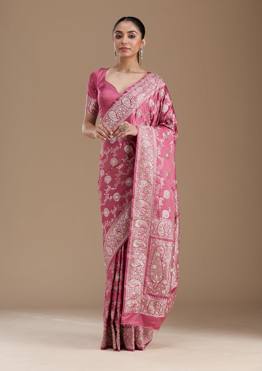 Onion Pink Zardozi (Silver) Art Silk Silk_Saree-koskii
