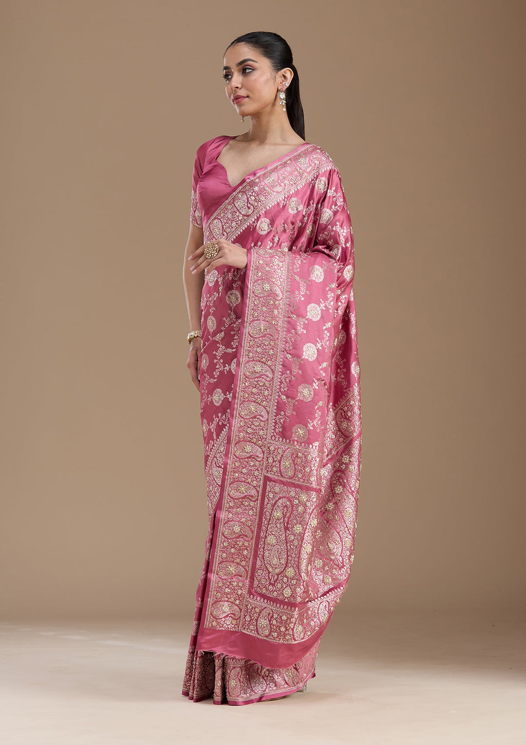 Onion Pink Zardozi (Silver) Art Silk Silk_Saree-koskii