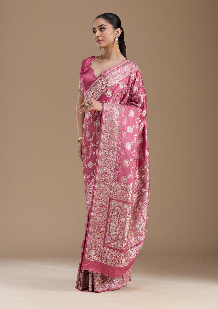 Onion Pink Zardozi (Silver) Art Silk Silk_Saree-koskii