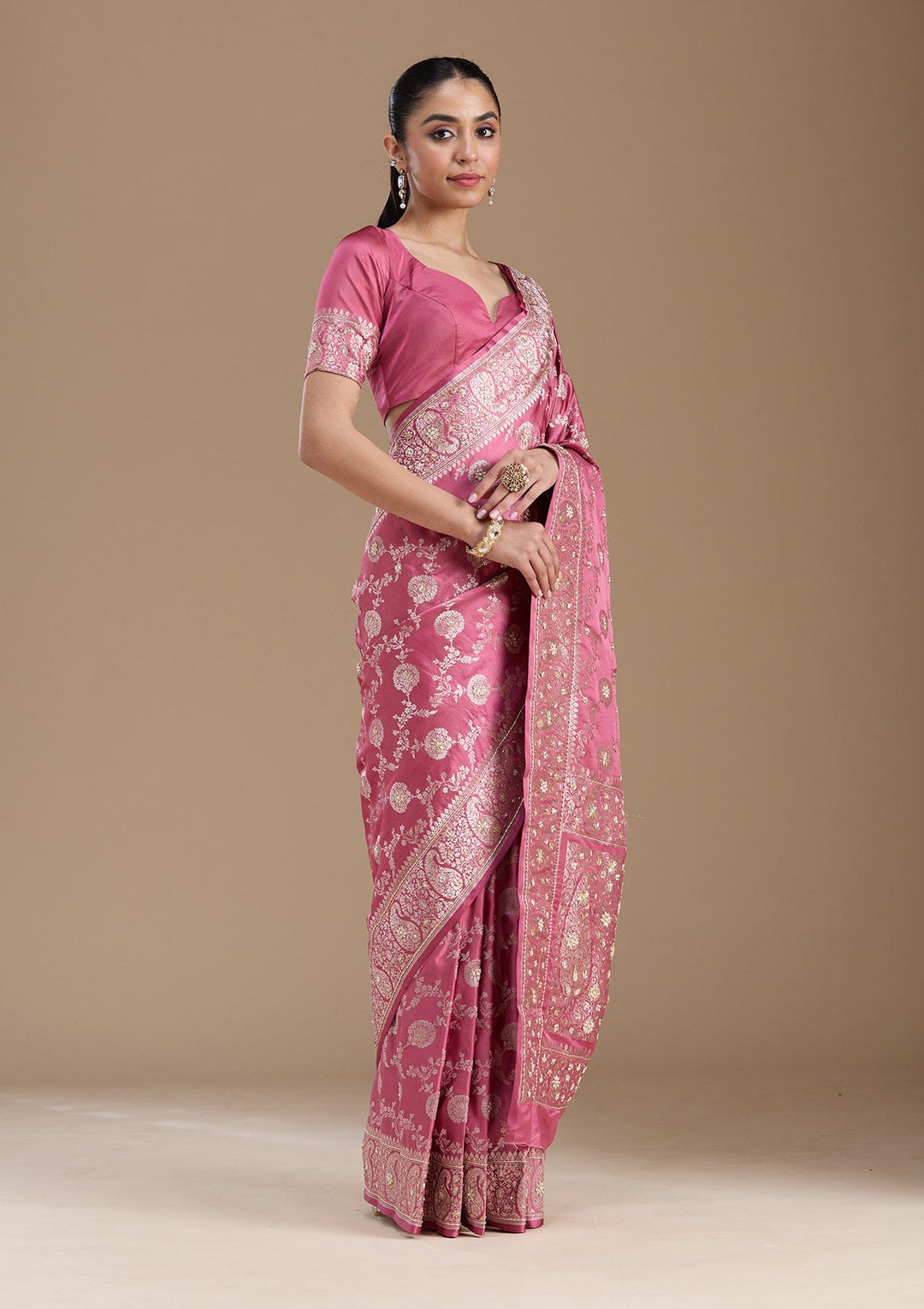 Onion Pink Zardozi (Silver) Art Silk Silk_Saree-koskii