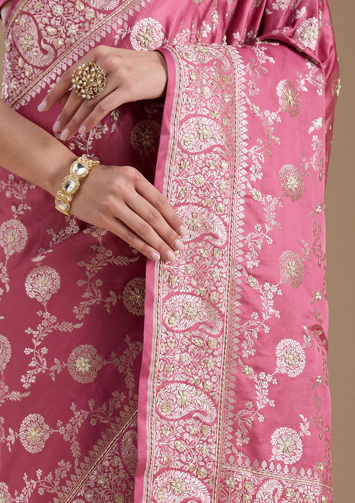 Onion Pink Zardozi (Silver) Art Silk Silk_Saree-koskii
