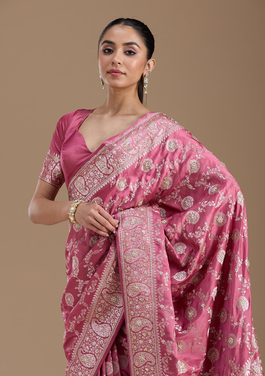 Onion Pink Zardozi (Silver) Art Silk Silk_Saree-koskii